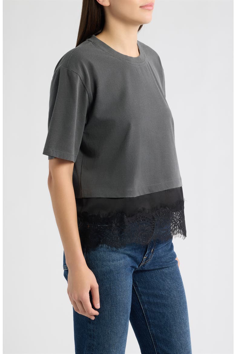 Satin & Lace Trim Stretch Cotton T-Shirt, Alternate, color, BLACK