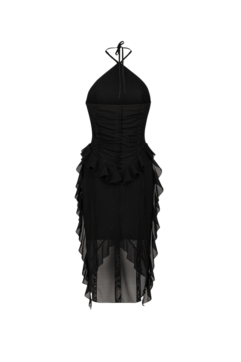 Ria Ruffle Mesh Midi Dress, Alternate, color, Black