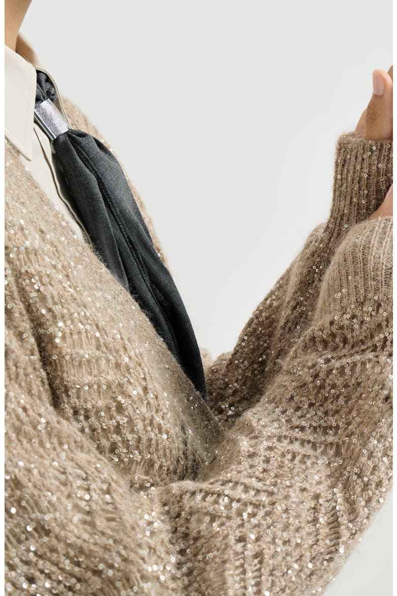 Dazzling abstract leaf cardigan in mohair and wool, Alternate, color, Light Brown