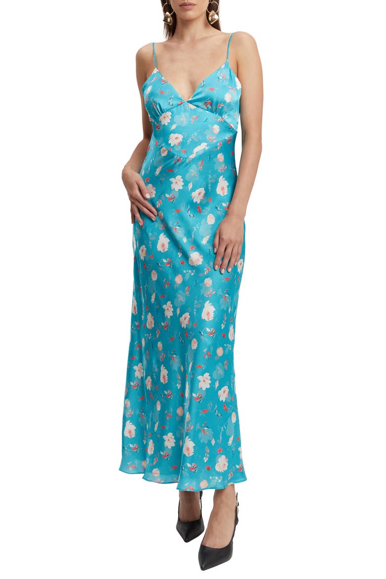 Malinda Floral Tie Back Satin Maxi Dress, Main, color, BLUE FLORA