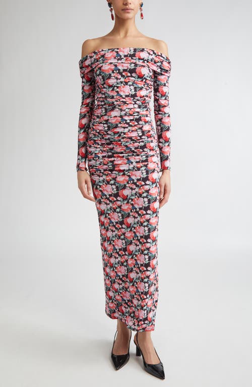 Carolina Herrera Peony Print Ruched Long Sleeve Off The Shoulder Jersey Dress