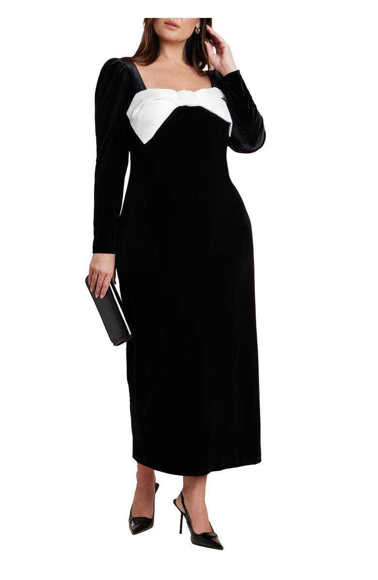 ELOQUII Velvet Maxi Dress With Bow, Main, color, Black Onyx