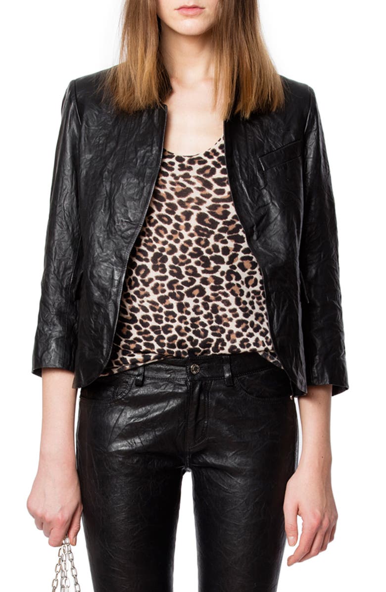 Zadig & Voltaire Verys Open Front Crinkle Leather Jacket, Main, color,