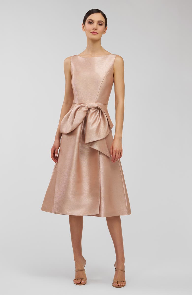 Kay Unger Lillian Metallic Bow Detail Cocktail Midi Dress, Alternate, color, Gold