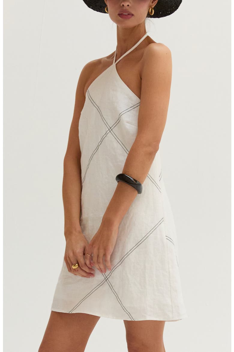 Contrast Stitch Halter Linen Mini Dress, Alternate, color, White