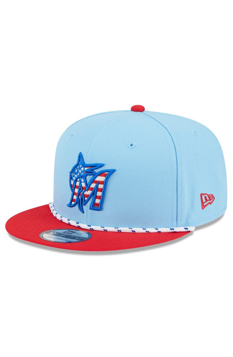 New Era Men's New Era Light Blue/Red Miami Marlins 2025 Fourth of July 9FIFTY Snapback Hat, Main, color, 