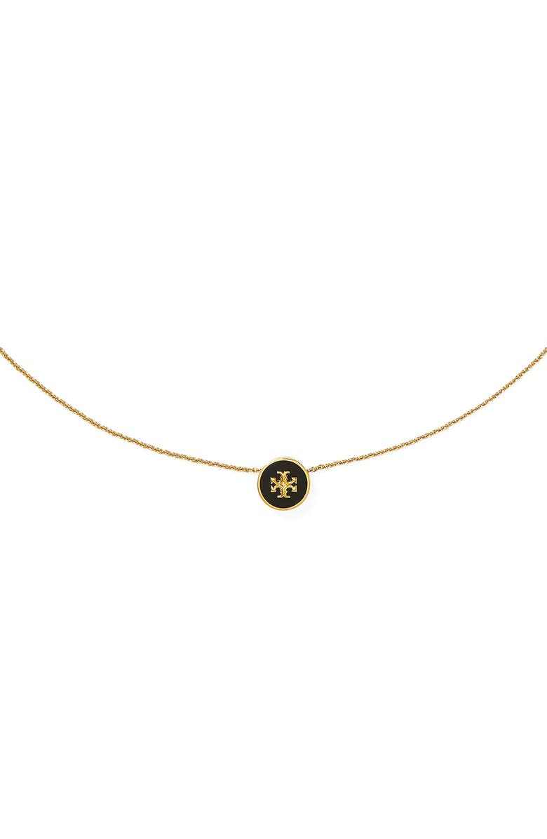 Tory Burch Icon Enamel Pendant Necklace, Alternate, color, Tory Gold / Black