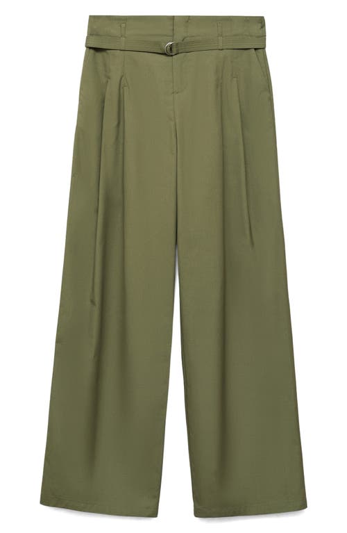 Mango Belted Cotton Wide Leg Pants In Green