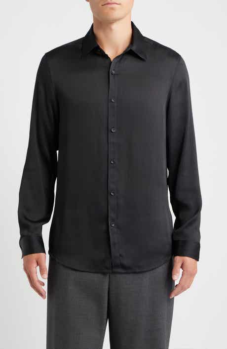Open Edit Black Satin Button-Up Shirt