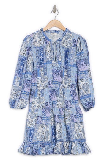 Shop Maisie Long Sleeve Tiered Minidress In Blue Patchwork