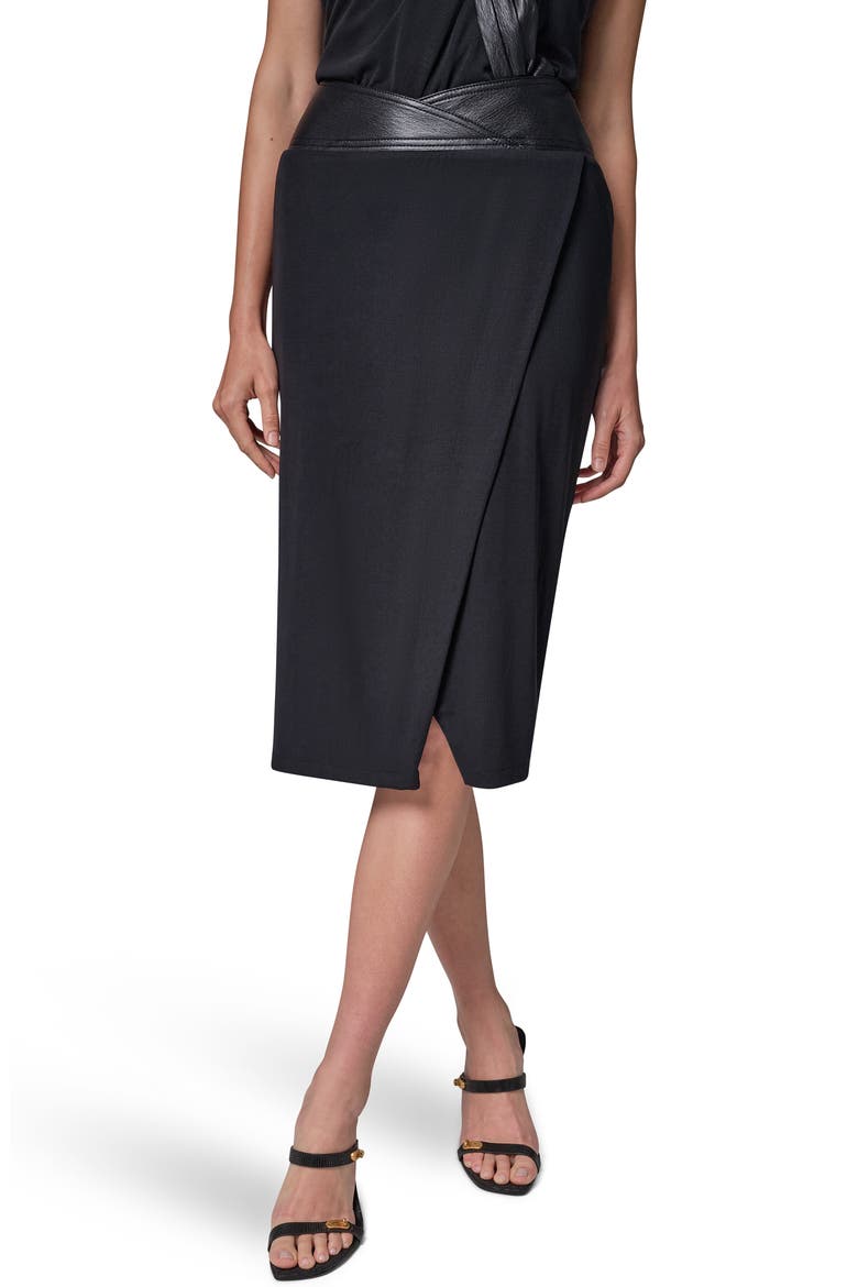 Faux Leather Trim Twist Midi Skirt, Main, color, BLACK