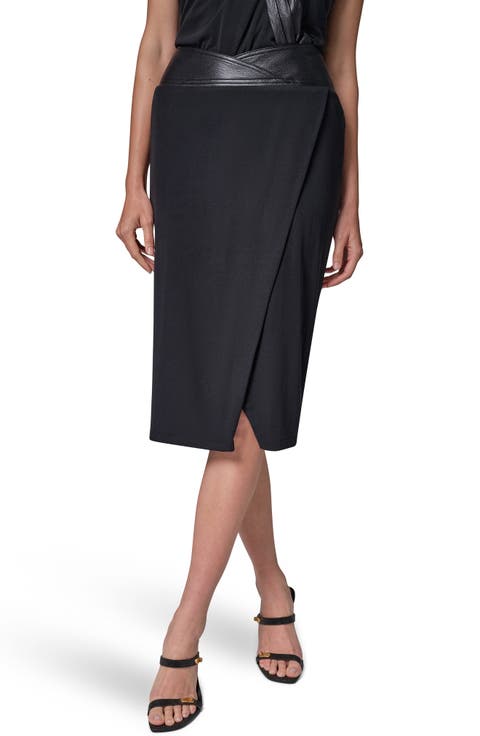 Faux Leather Trim Twist Midi Skirt