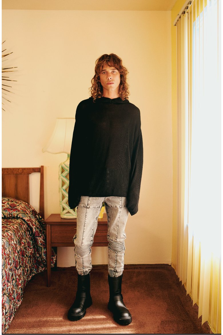 Cotton Blend Knitted Hoodie With Woven Patch, Alternate, color, BLACK