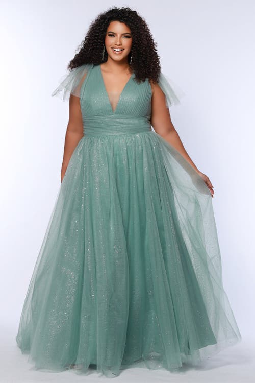 Sydney's Closet V-neckline Bra-friendly Plus Size A-line Gown With Bows In Sage