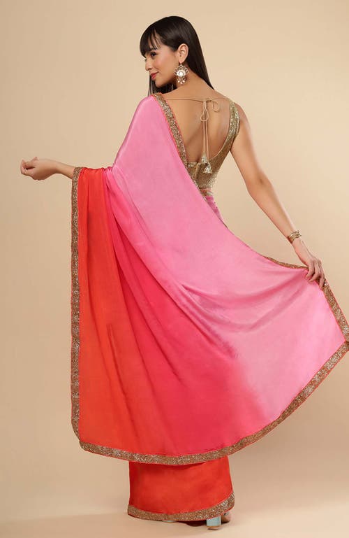 One Minute Saree® Chandini Pink & Orange Ombre Modal Satin With Gold Sequins Border Ready To Wear Sa