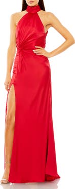 Ieena for Mac Duggal Open Back High Neck Side Ruched Gown