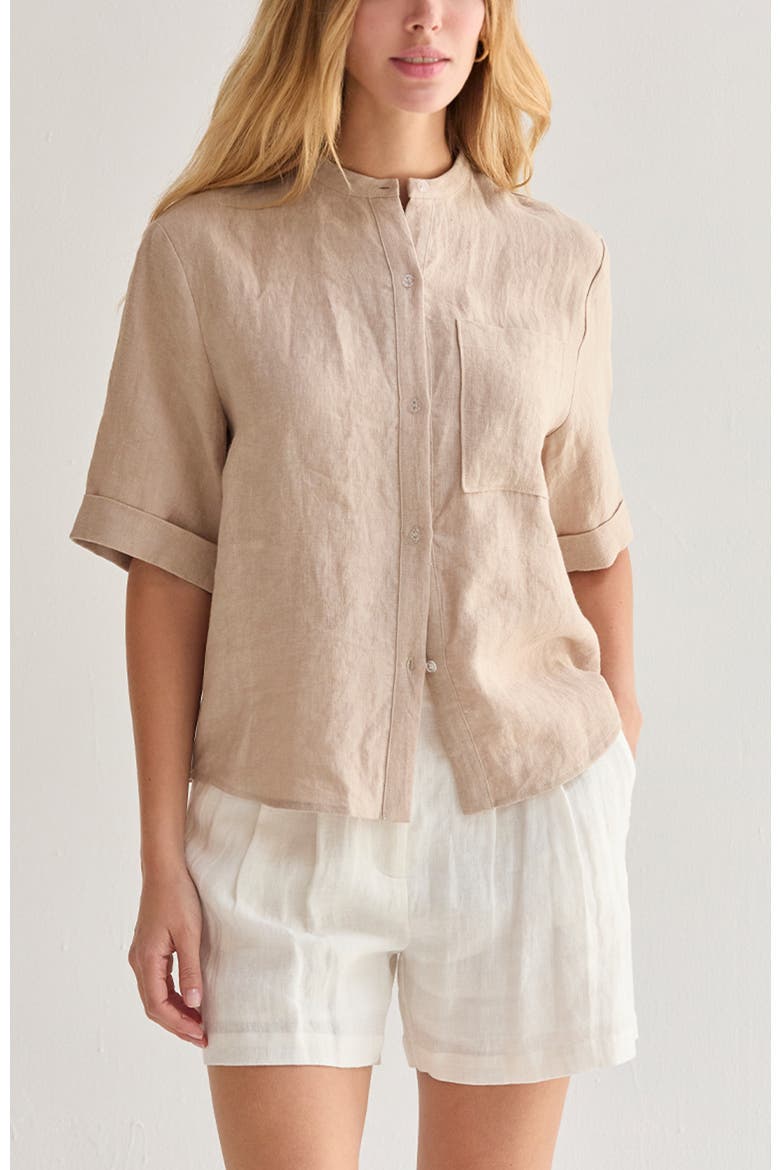 Mandarin Collar Button Up Linen Top, Main, color, Oatmeal
