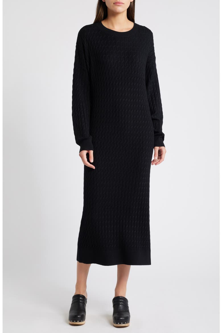 Cable Stitch Long Sleeve Midi Sweater Dress, Main, color, BLACK