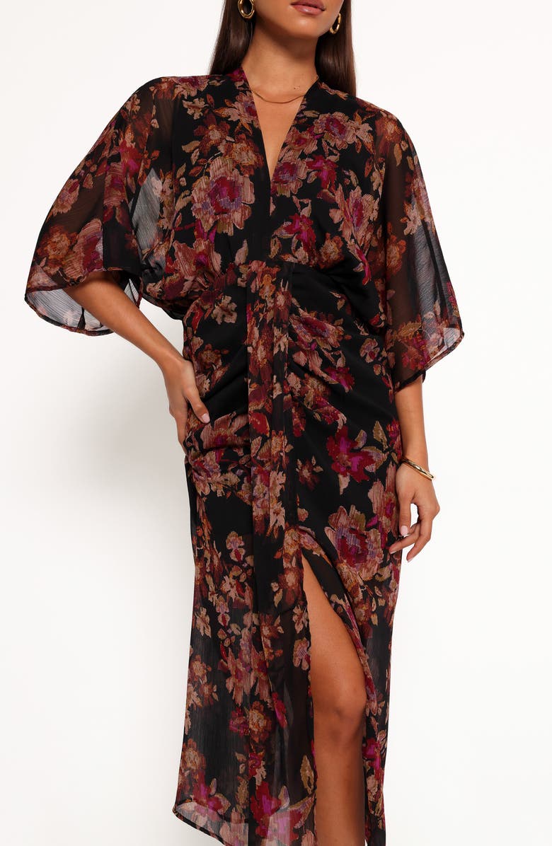 Petal & Pup Audrina Floral Chiffon Midi Dress, Alternate, color, Black Floral