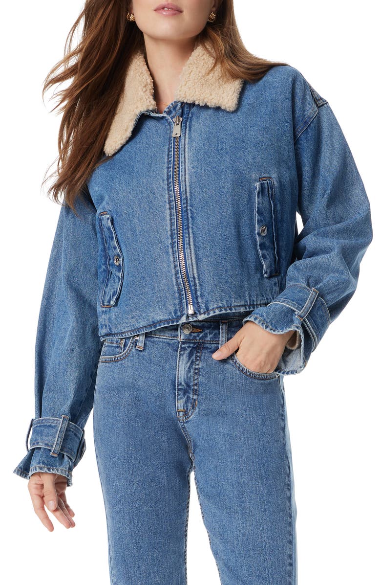 Sam Edelman Mesa High-Pile Fleece Collar Zip-Up Crop Denim Moto Jacket, Main, color, 