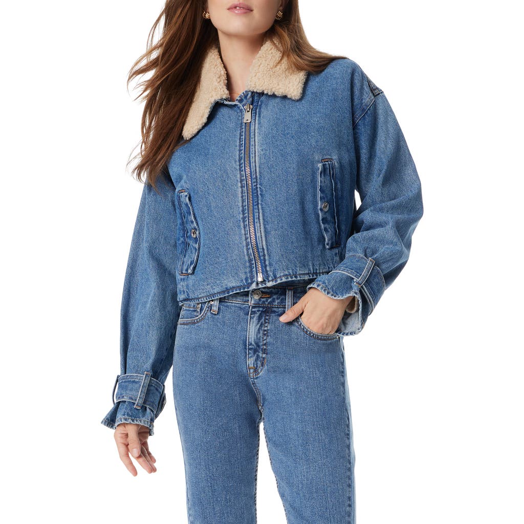 SAM EDELMAN SAM EDELMAN MESA HIGH-PILE FLEECE COLLAR ZIP-UP CROP DENIM MOTO JACKET