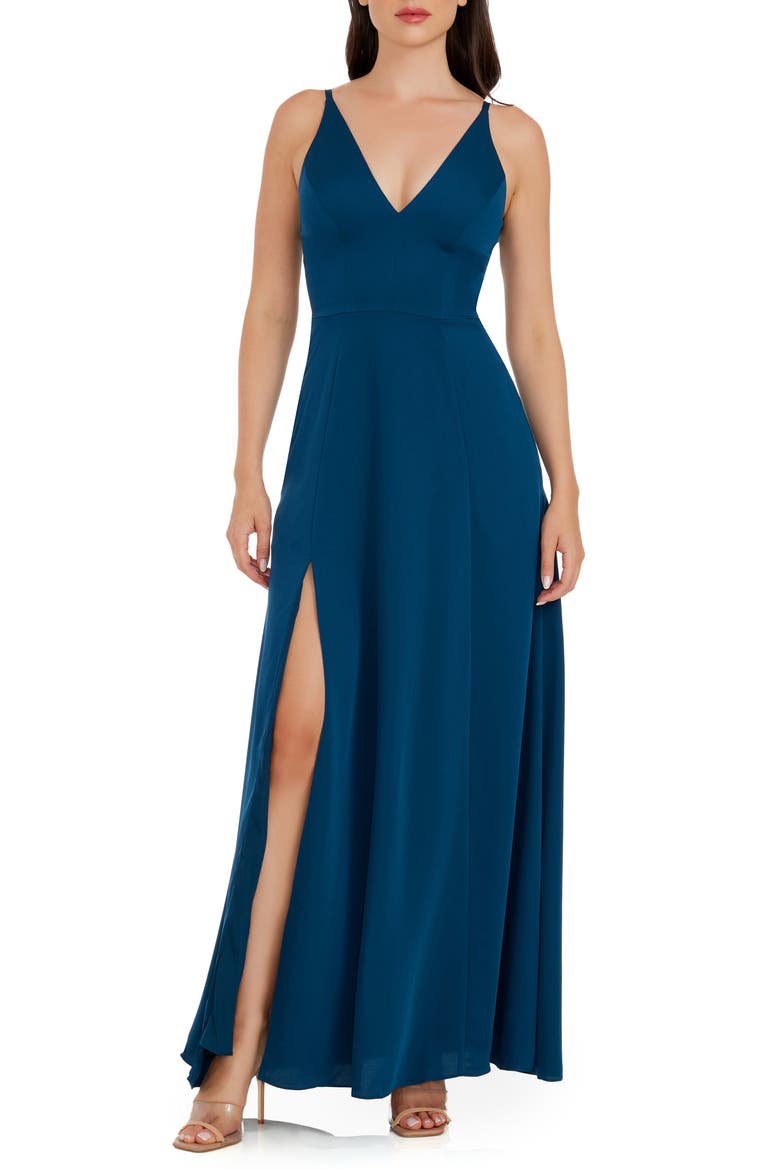Iris Slit Crepe Gown, Main, color, PEACOCK BLUE