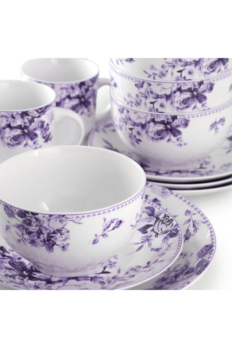 Traditional Purple Rose 16 Piece Stoneware Dinnerware Set, Alternate, color, Purple