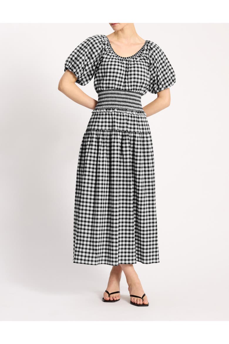 Gingham Blouson Sleeve Midi Dress, Alternate, color, Black