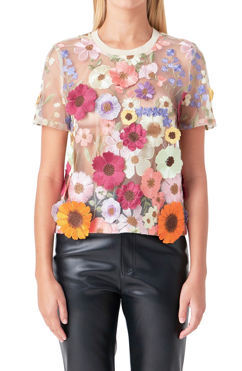 Endless Rose Floral Embroidered Appliqué Organza Top, Main, color, Light Beige