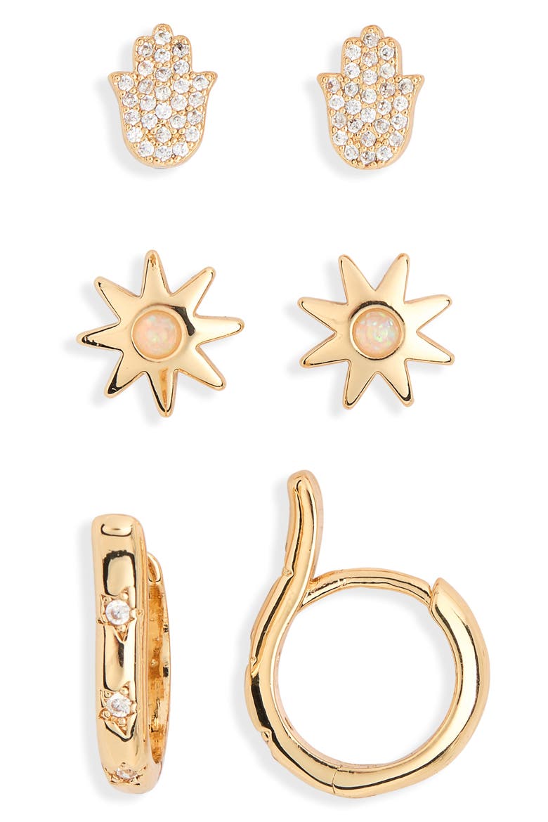3-Pack CZ Hamsa Assorted Earrings, Alternate, color, CLEAR- GOLD