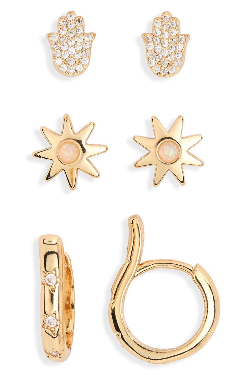 Leith 3-Pack CZ Hamsa Assorted Earrings, Alternate, color, Clear- Gold