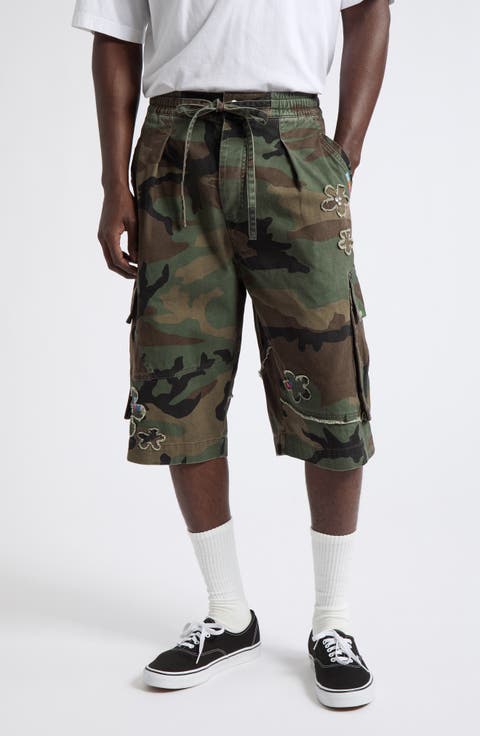 Crystal Embellished Floral Patch Camouflage Print Cotton Twill Shorts