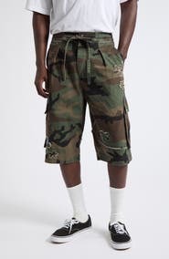 NAHMIAS Crystal Embellished Floral Patch Camouflage Print Cotton Twill Shorts