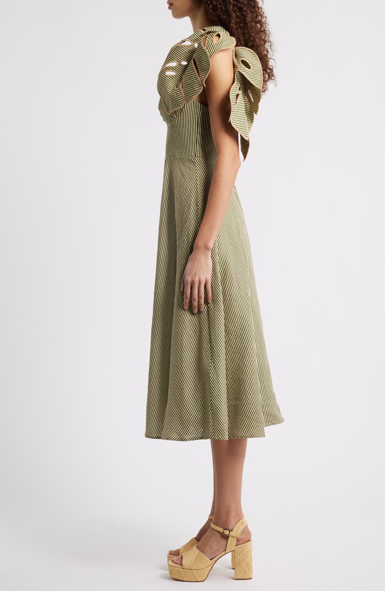 FARM Rio Stripe Monstera Leaf Sleeveless Linen Midi Dress, Alternate, color, Green