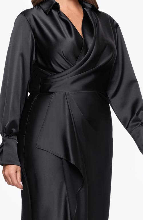 Xscape Evenings Collar Long Sleeve Satin Gown In Black