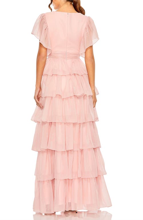 Mac Duggal Flutter Sleeve Ruffle Tiered Gown In Petal Pink
