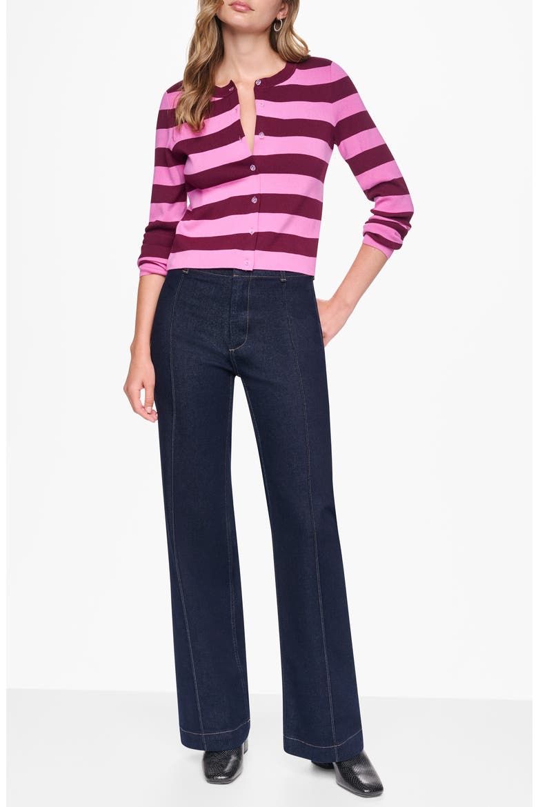 Striped Crewneck Cardigan, Alternate, color, CLARET/ TAF