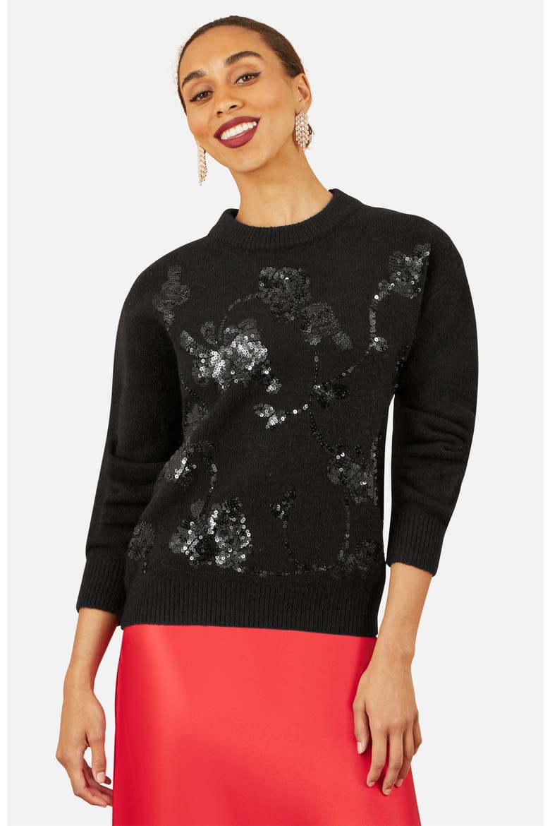 Relaxed Fit Floral Sequin Sweater, Main, color, Black