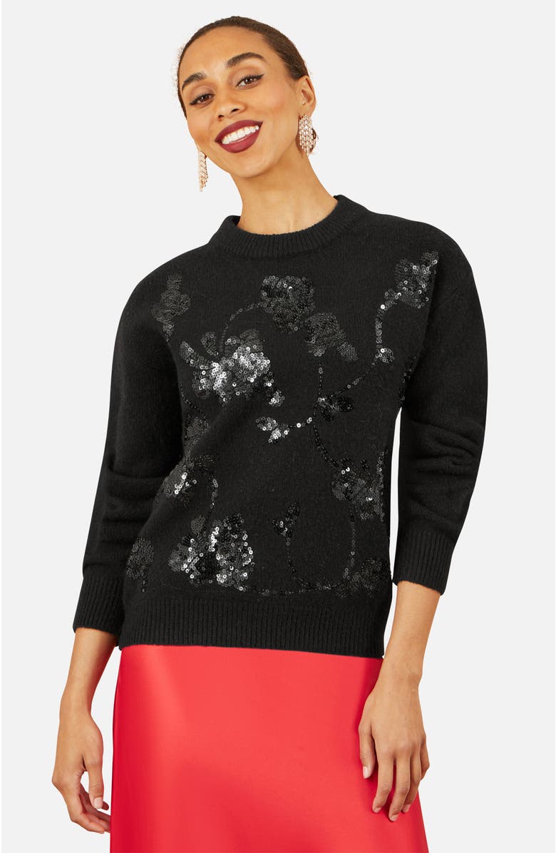 Yumi Relaxed Fit Floral Sequin Sweater, Main, color, Black