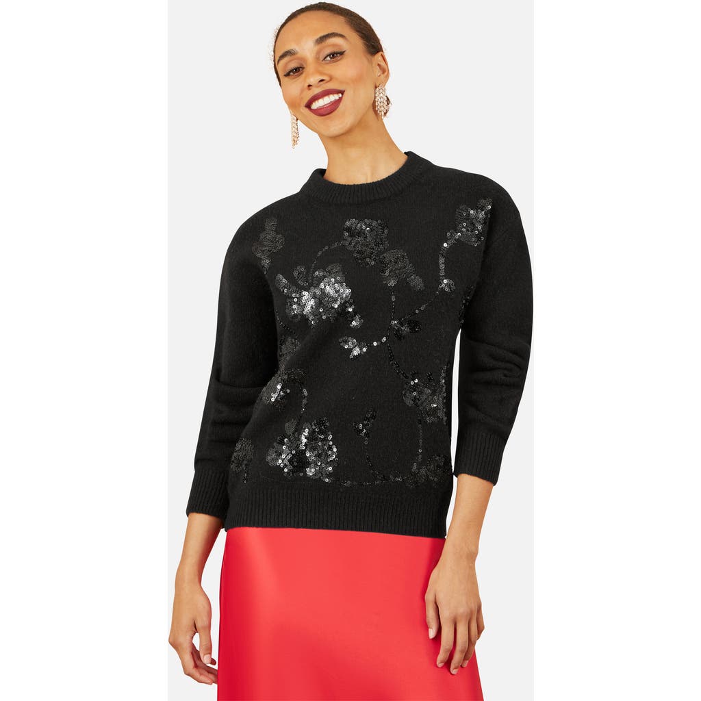 Yumi Relaxed Fit Floral Sequin Sweater In Black