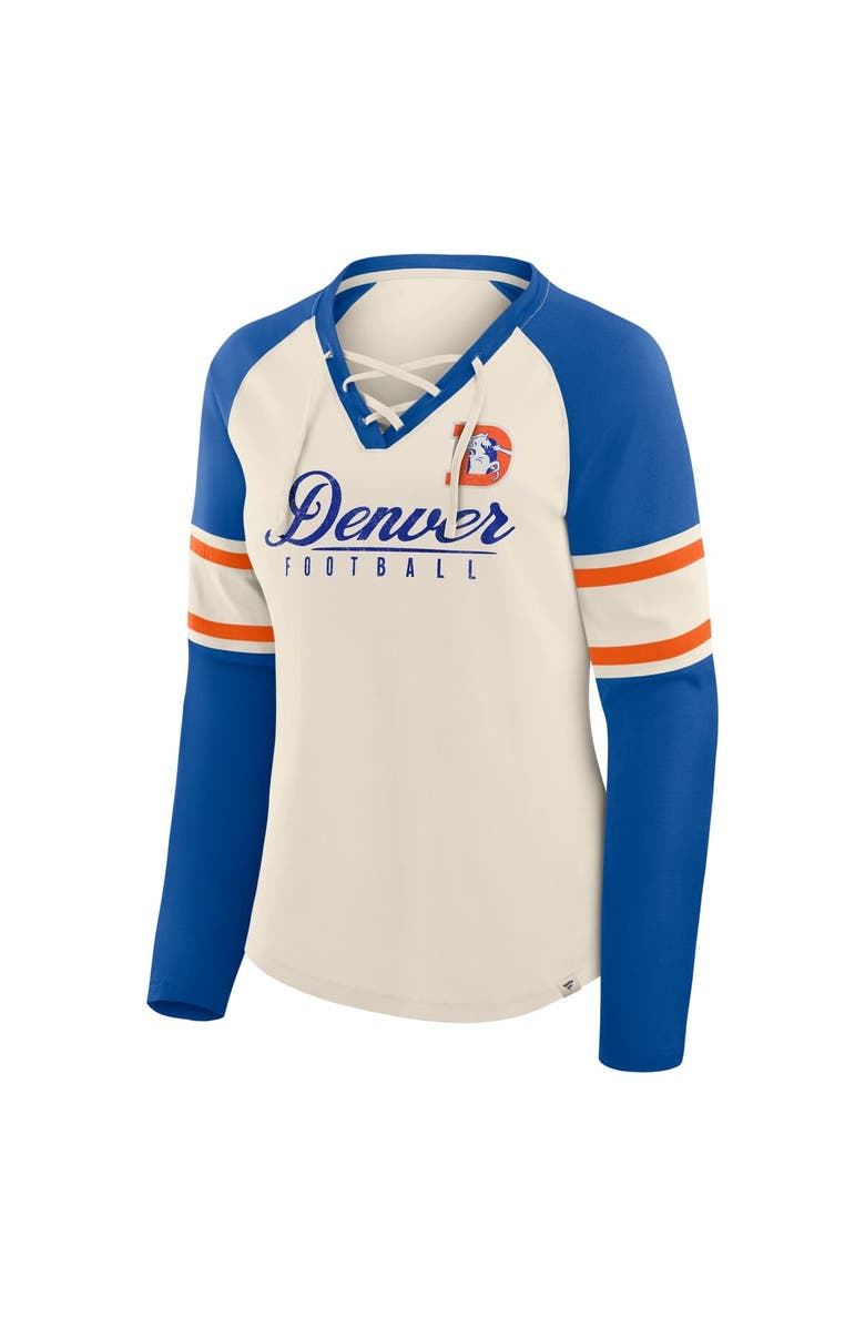 FANATICS Women's Fanatics Cream/Royal Denver Broncos Hometown Gridiron Hero Raglan Lace-Up V-Neck Long Sleeve T-Shirt, Alternate, color, Cream