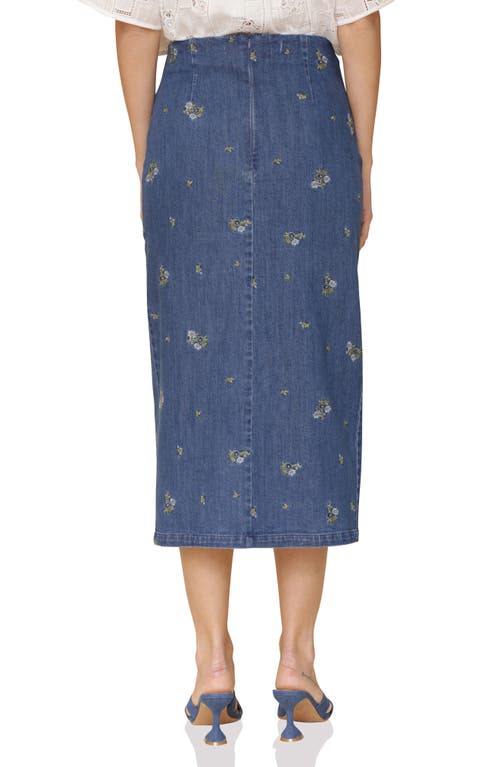 Shop Avec Les Filles Floral Embroidered High Slit Denim Midi Skirt In Kauri Wash W Ditsy F