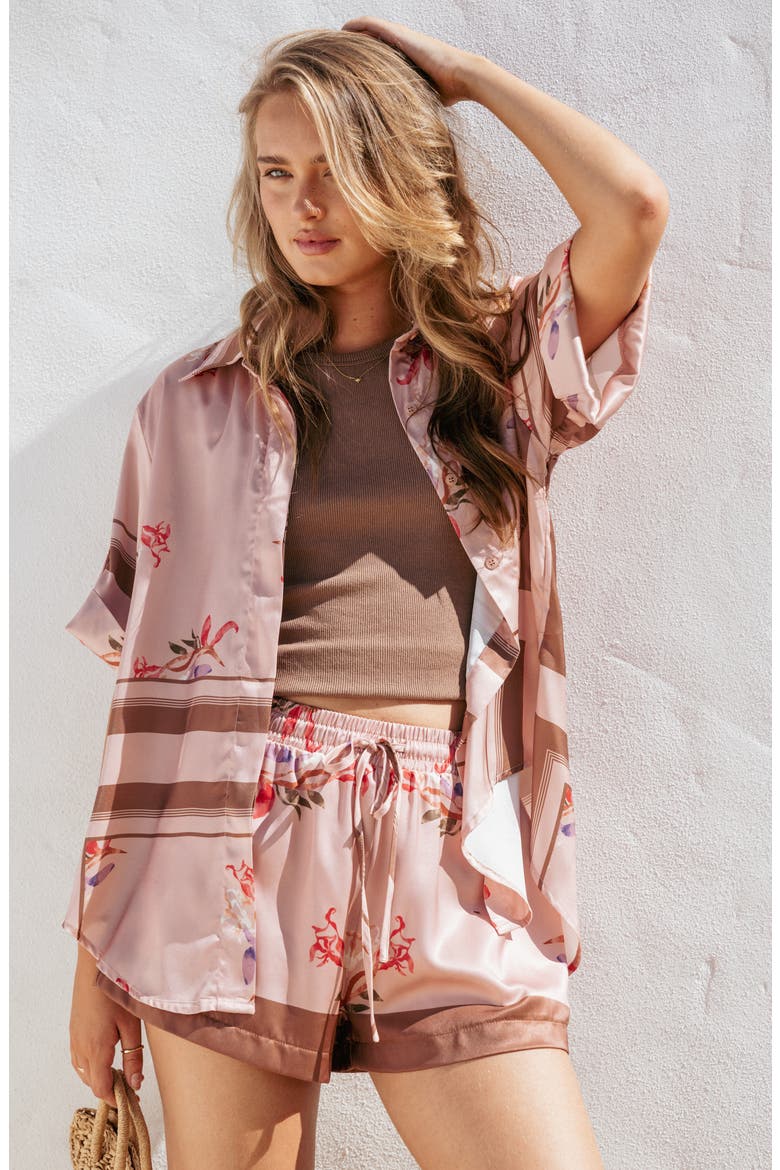 Lara Floral Print & Stripe Satin Button-Up Shirt, Alternate, color, PINK COCOA