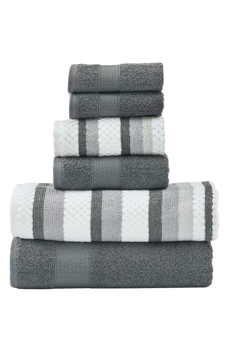 Modern Threads 6-Piece Mixed Stripe & Solid Cotton Towel Set, Main, color, Coal