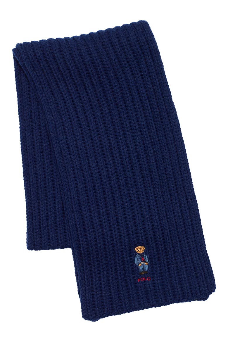 Embroidered Bear Wool Blend Scarf, Alternate, color, HUNTER NAVY