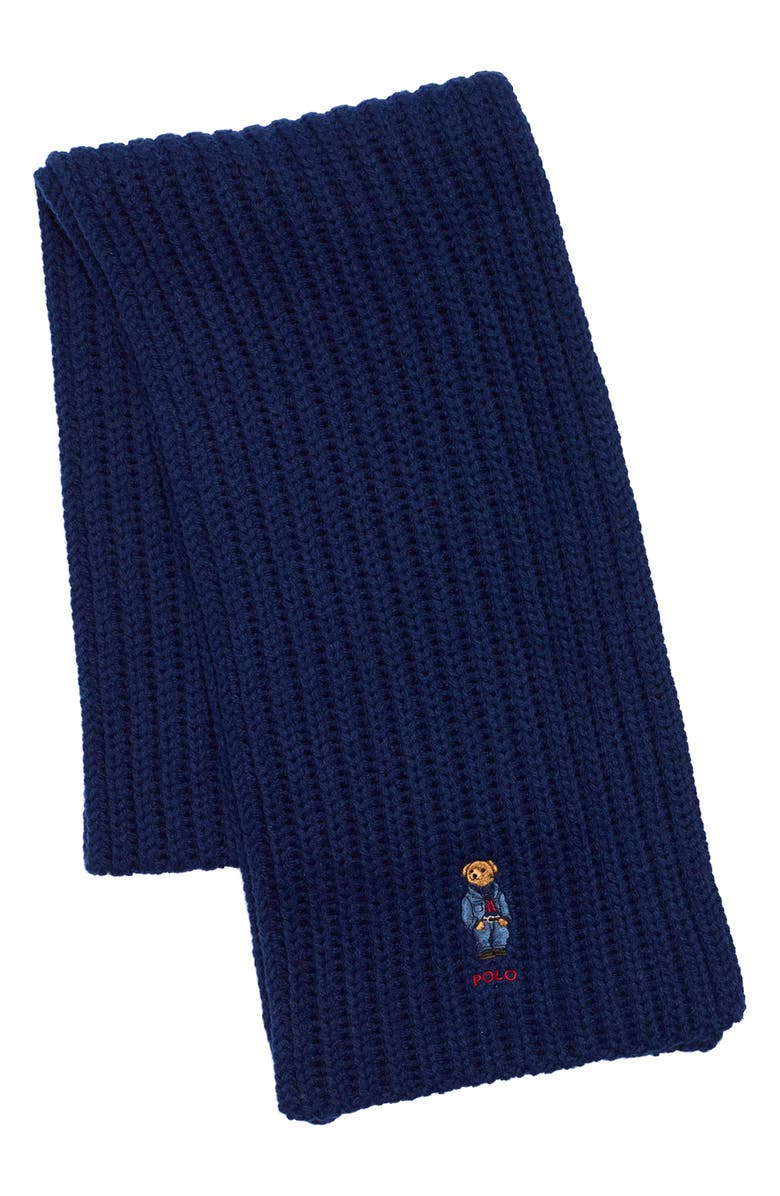 Polo Ralph Lauren Embroidered Bear Wool Blend Scarf, Alternate, color, Hunter Navy