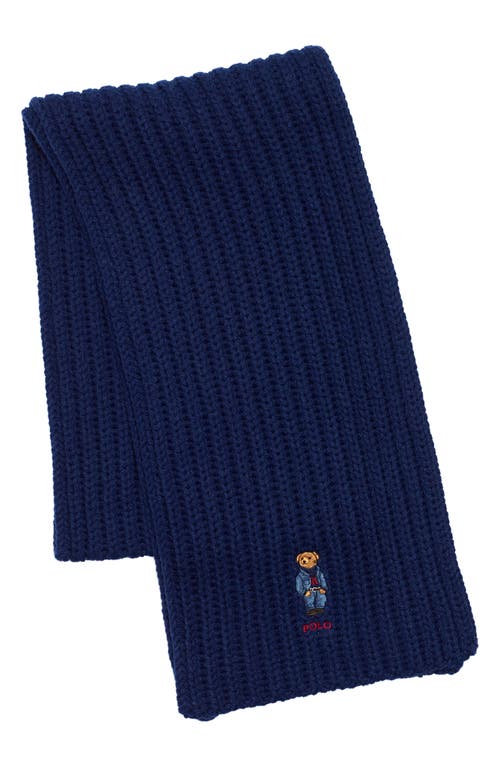 Polo Ralph Lauren Embroidered Bear Wool Blend Scarf In Blue