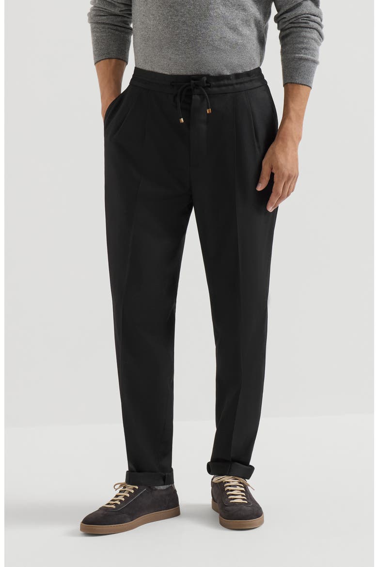Virgin wool flannel trousers with drawstring and double pleats, Main, color, Black