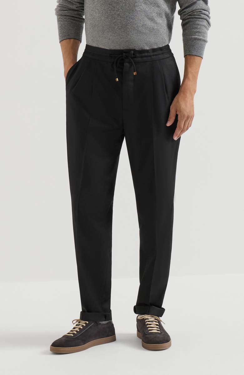 Brunello Cucinelli Virgin wool flannel trousers with drawstring and double pleats, Main, color, Black