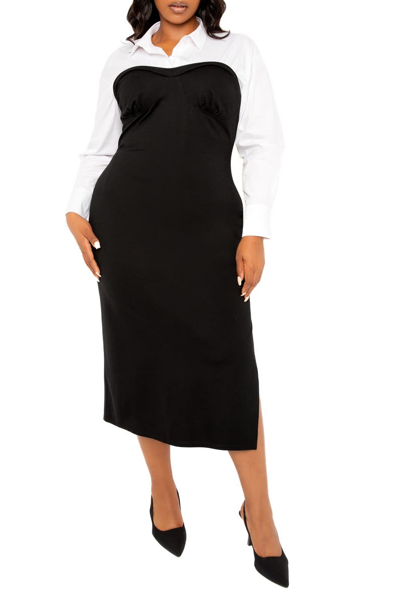 BUXOM COUTURE Contrast Long Sleeve Midi Shirtdress, Main, color, Black